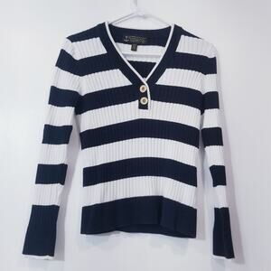 Lauren Jeans Company Nautical Ribbed Knit Sweater Blouse Long Sleeves V-Neckline